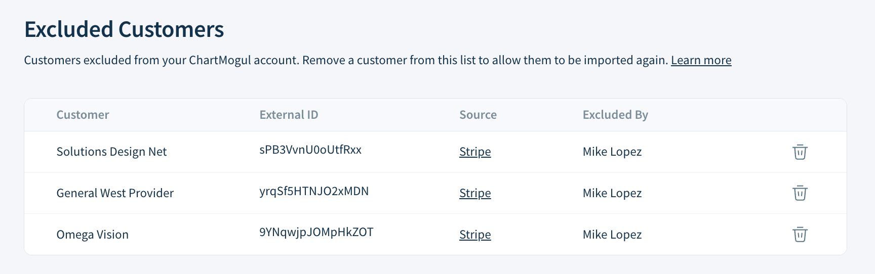 Screenshot of the Excluded Customers list with columns as documented here.