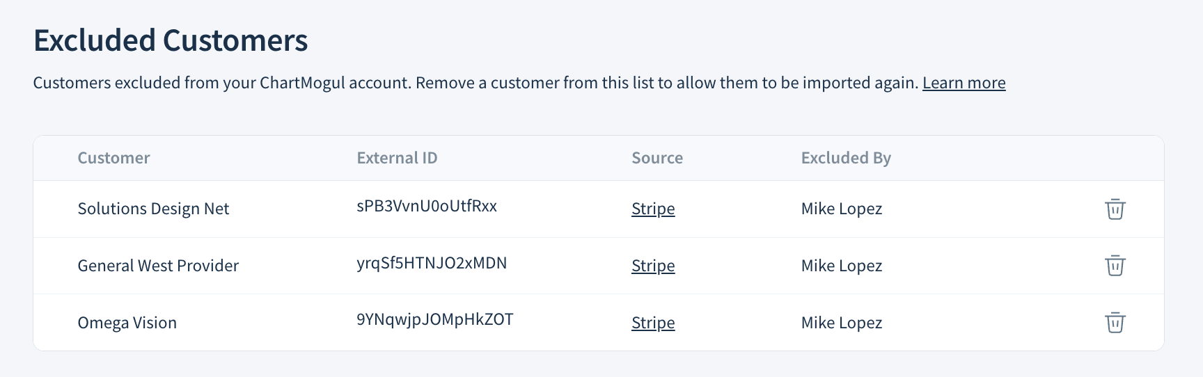 Screenshot of the Excluded Customers list with columns as documented here.