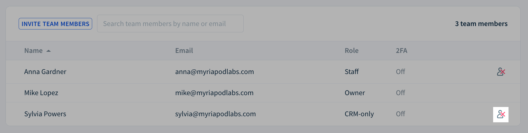 Screenshot highlighting the location of the team member deactivation icon
