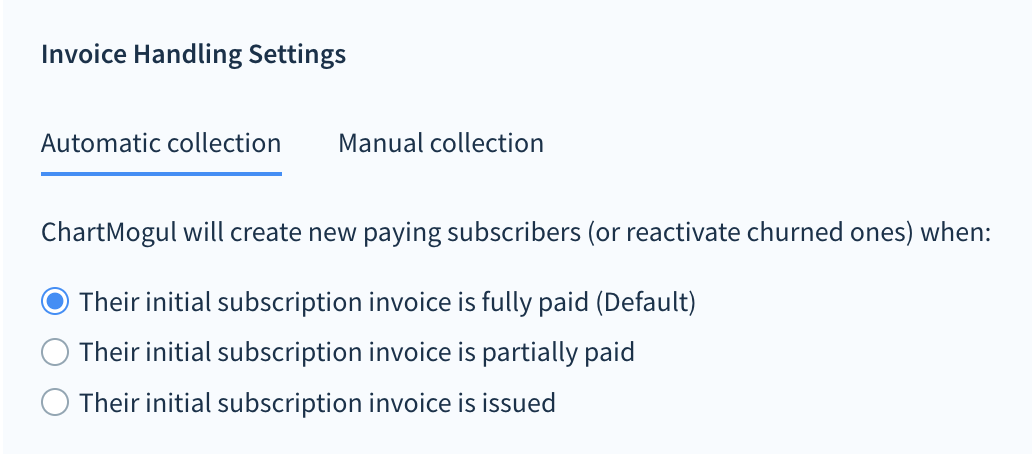 Screenshot of the invoice handling settings highlighting two tabs: Automatic collection and Manual collection.