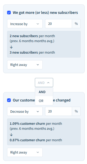 Screenshot of the AND / OR drop-down visible when selecting multiple scenarios.