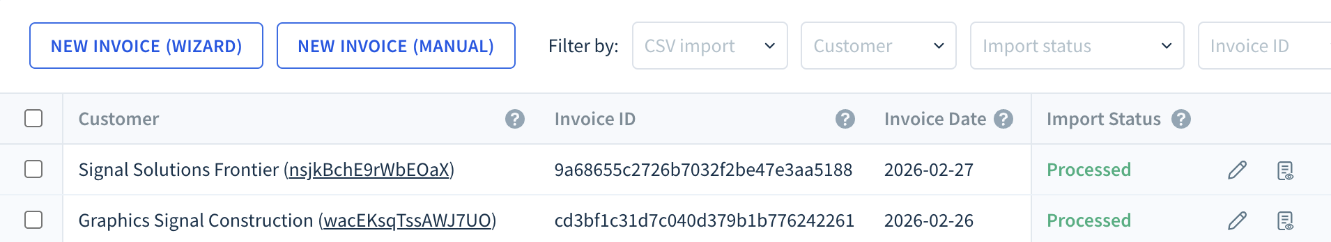 Screenshot of the Invoices table with one newly created invoice.