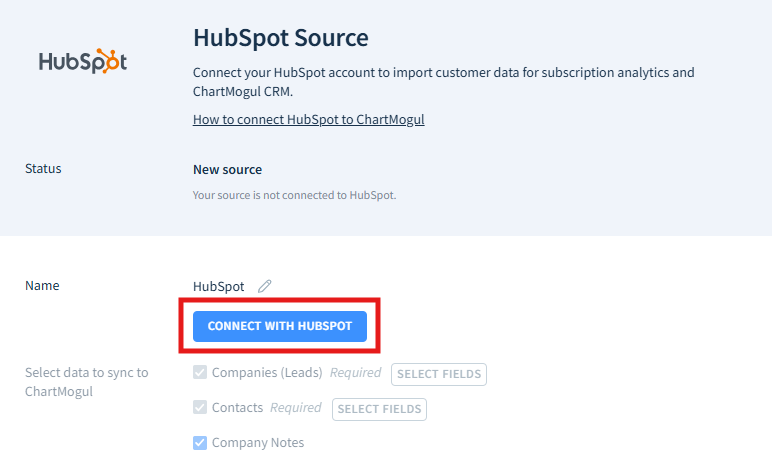 Screenshot of the HubSpot Data Source dialog showing the location of the Connect with HubSpot button.