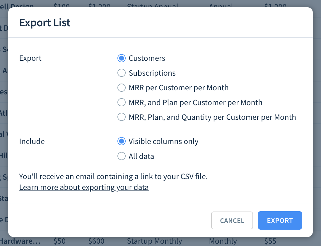 Screenshot of the Export List dialog with options as described here.