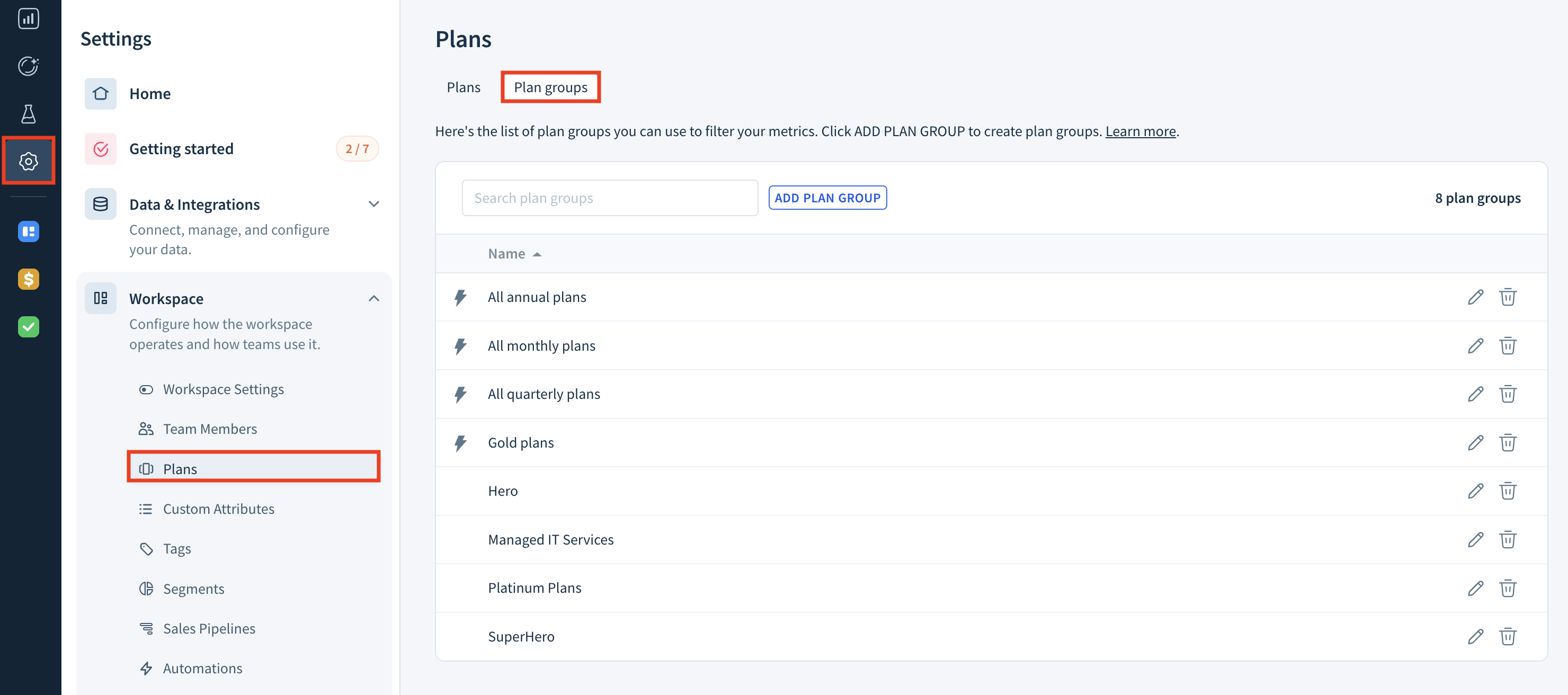 Screenshot of the Plans page with the Plan groups tab selected.