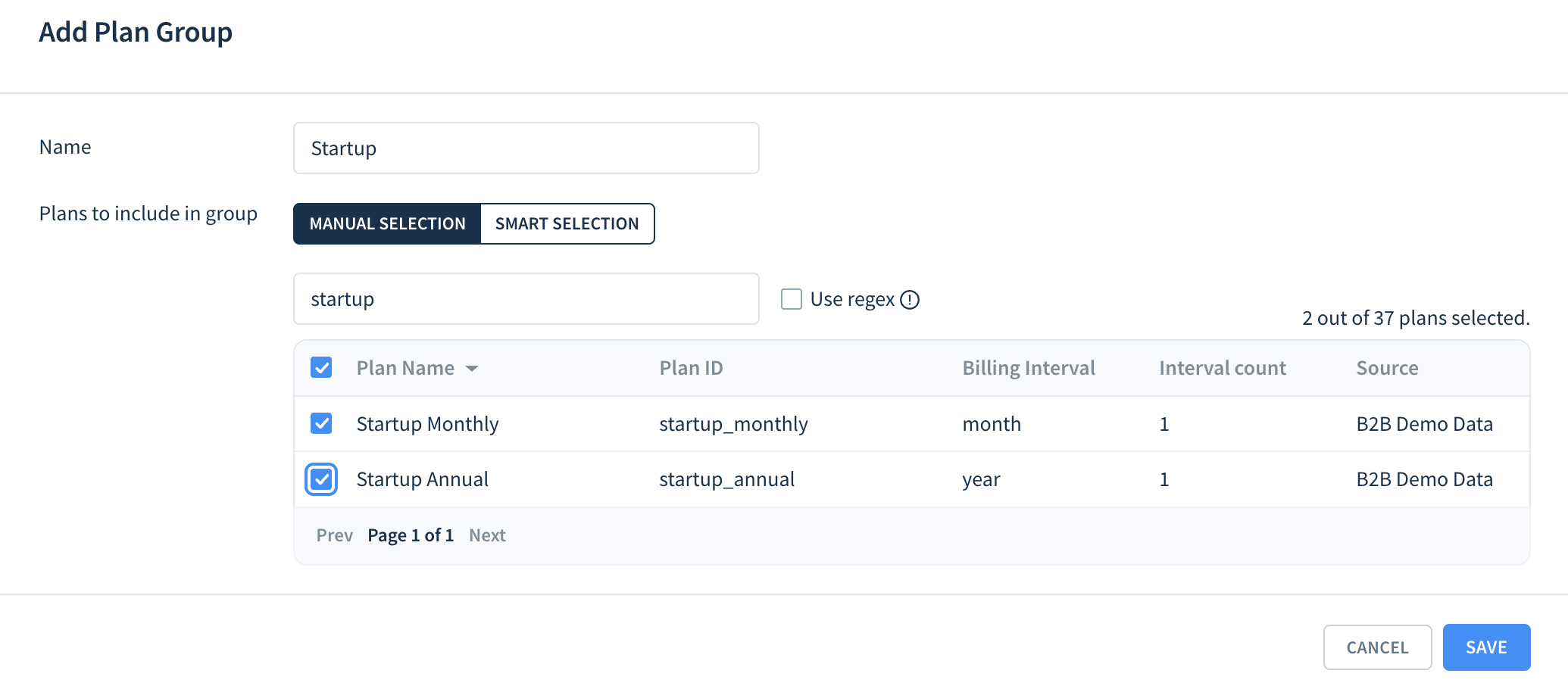 Screenshot of the Add Plan Group dialog highlighting the Name field, the Manual Selection tab and the Save button.