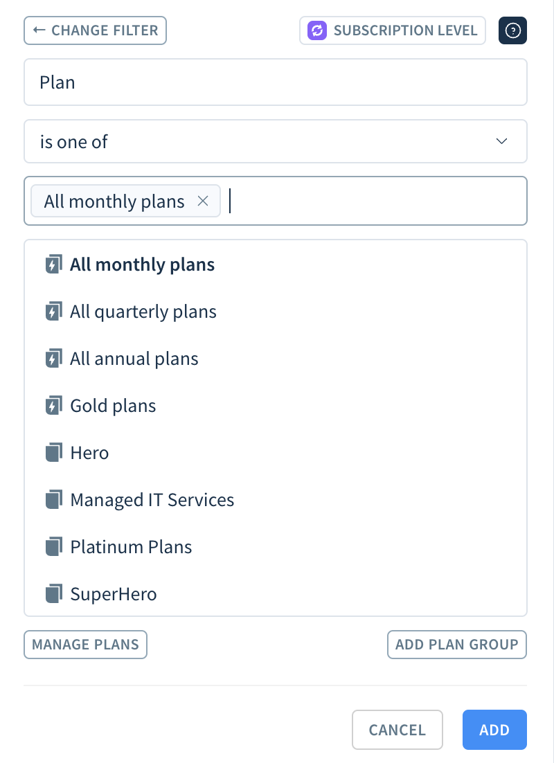 Screenshot of the plan and plan group selection dropdown with the Add button highlighted.