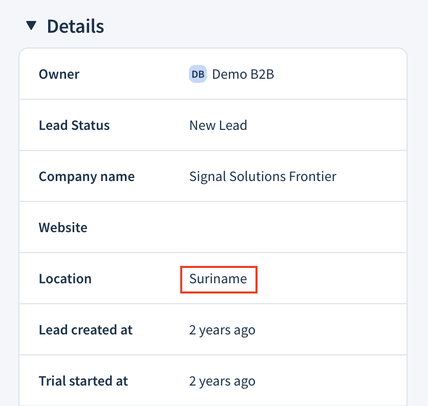 Screenshot showing the location attribute on a customer record