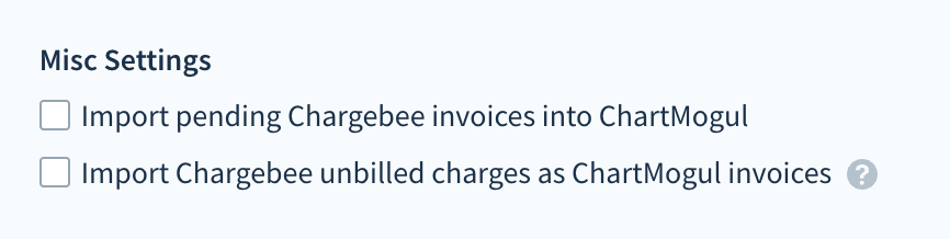 Screenshot of the Chargebee Misc Settings section with Import pending Chargebee invoices into ChartMogul selected
