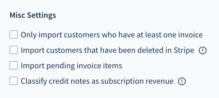 Screenshot of the Stripe Misc Settings section with Import pending invoice items selected.