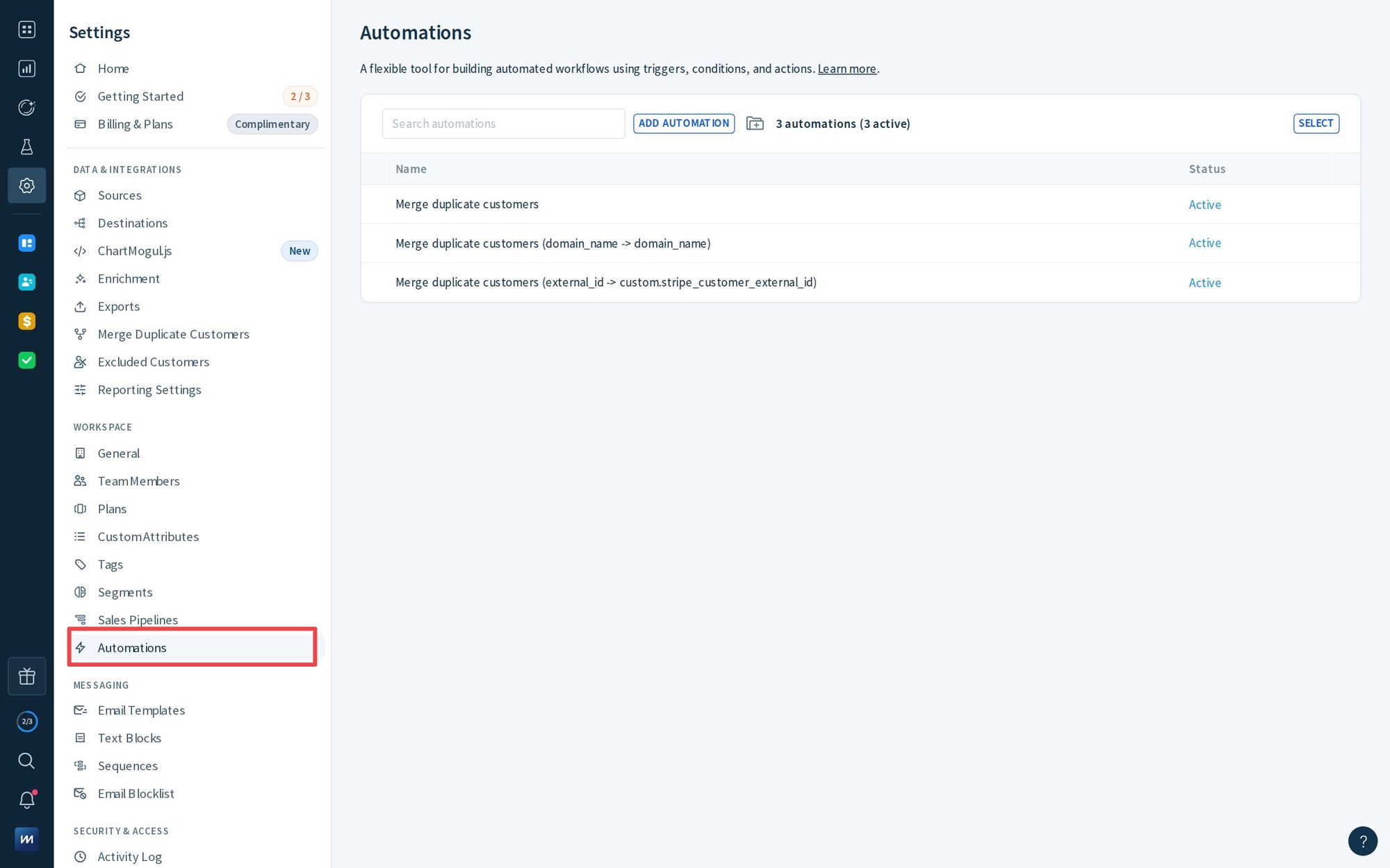 Screenshot of the Automations page listing all automations.
