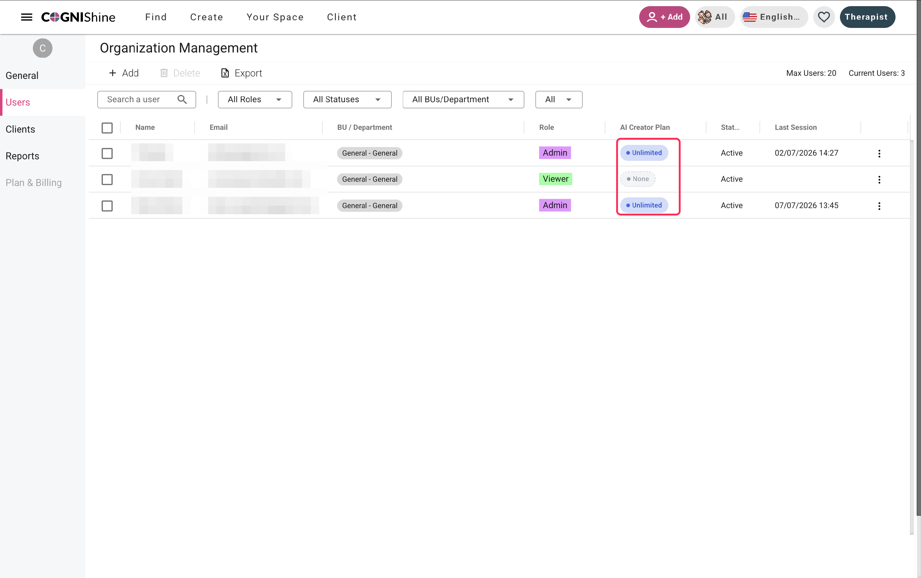 Users list showing the AI Creator Plan column