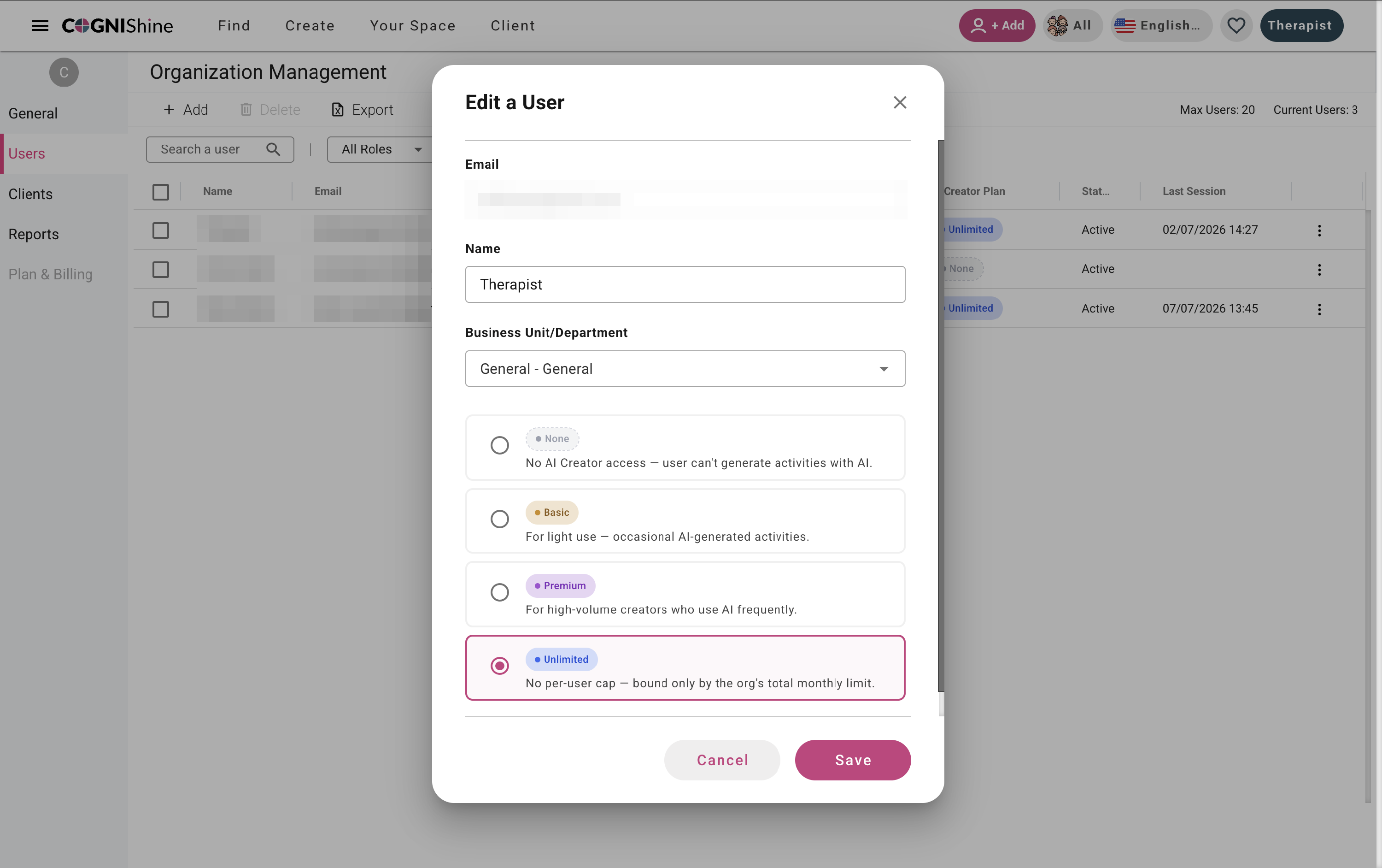 Edit a User window showing the four AI creator access levels