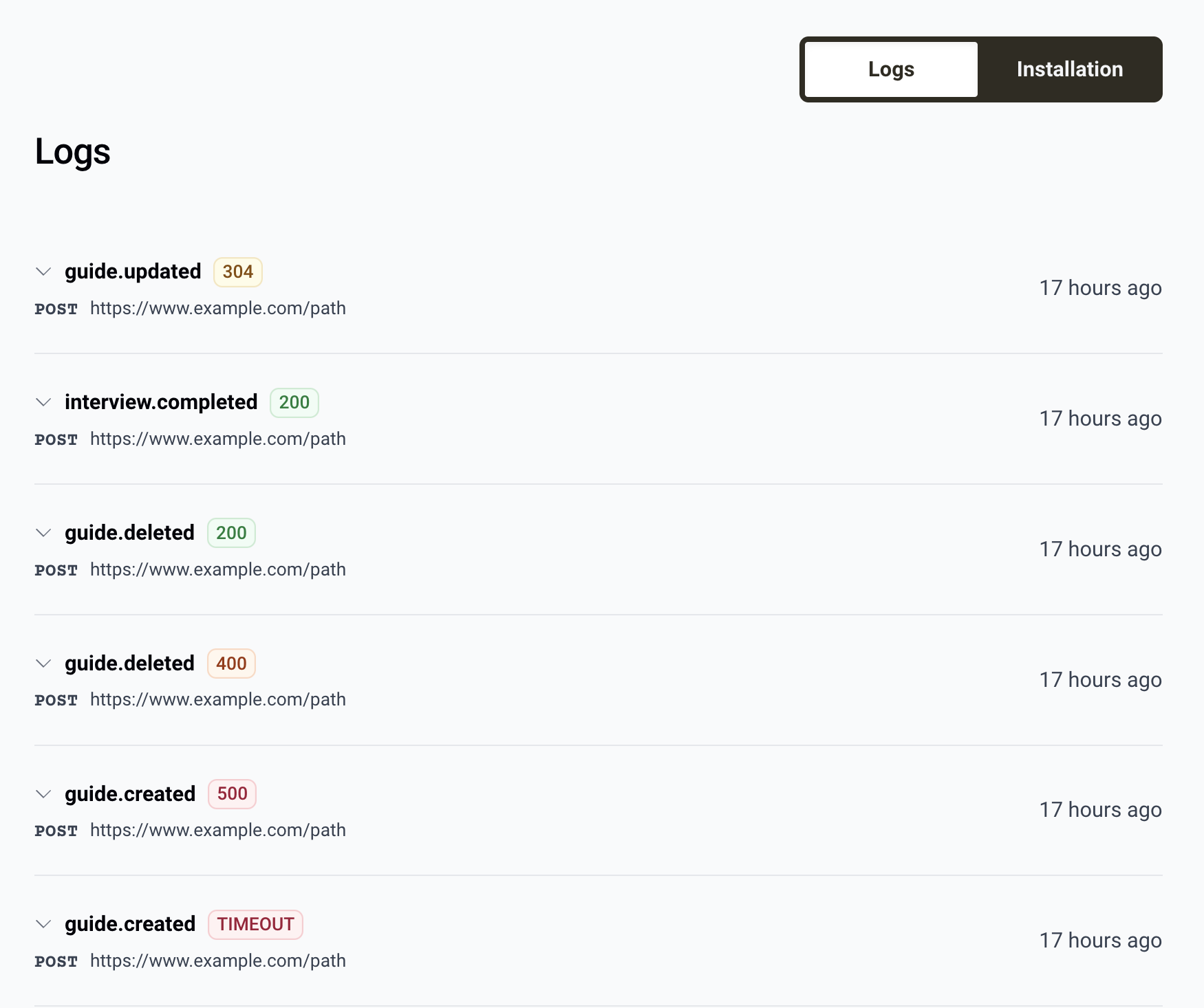 Webhook Logs screenshot with example status codes.