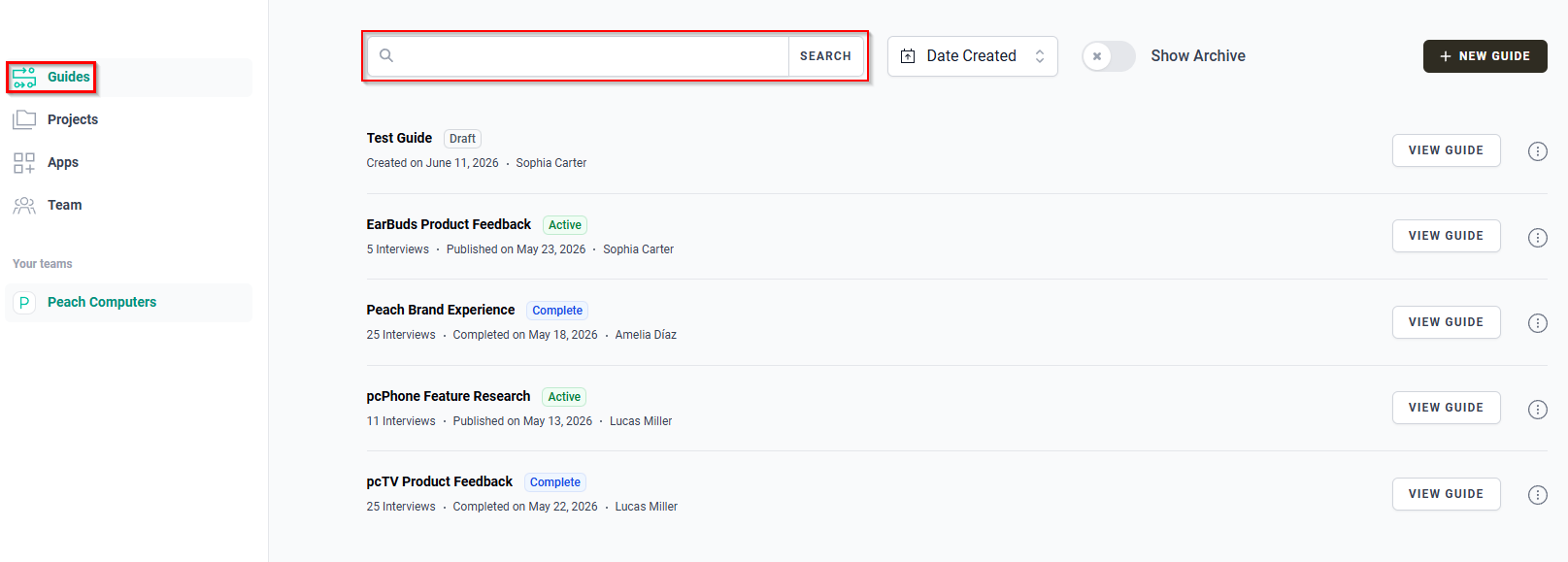 The Guides page displaying the Guides navigation item and Search bar.
