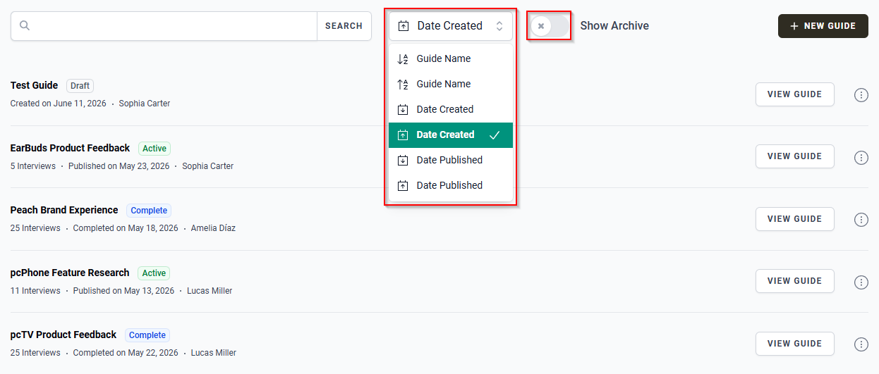 The Guides page displaying the sorting options menu and Show Archive toggle.