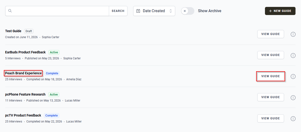 The Guide list displaying Guide names and VIEW GUIDE buttons.