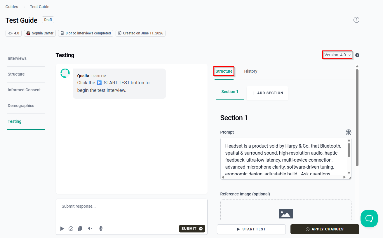The Testing tab displaying the Structure sub-tab, Guide Sections, and Version selector.