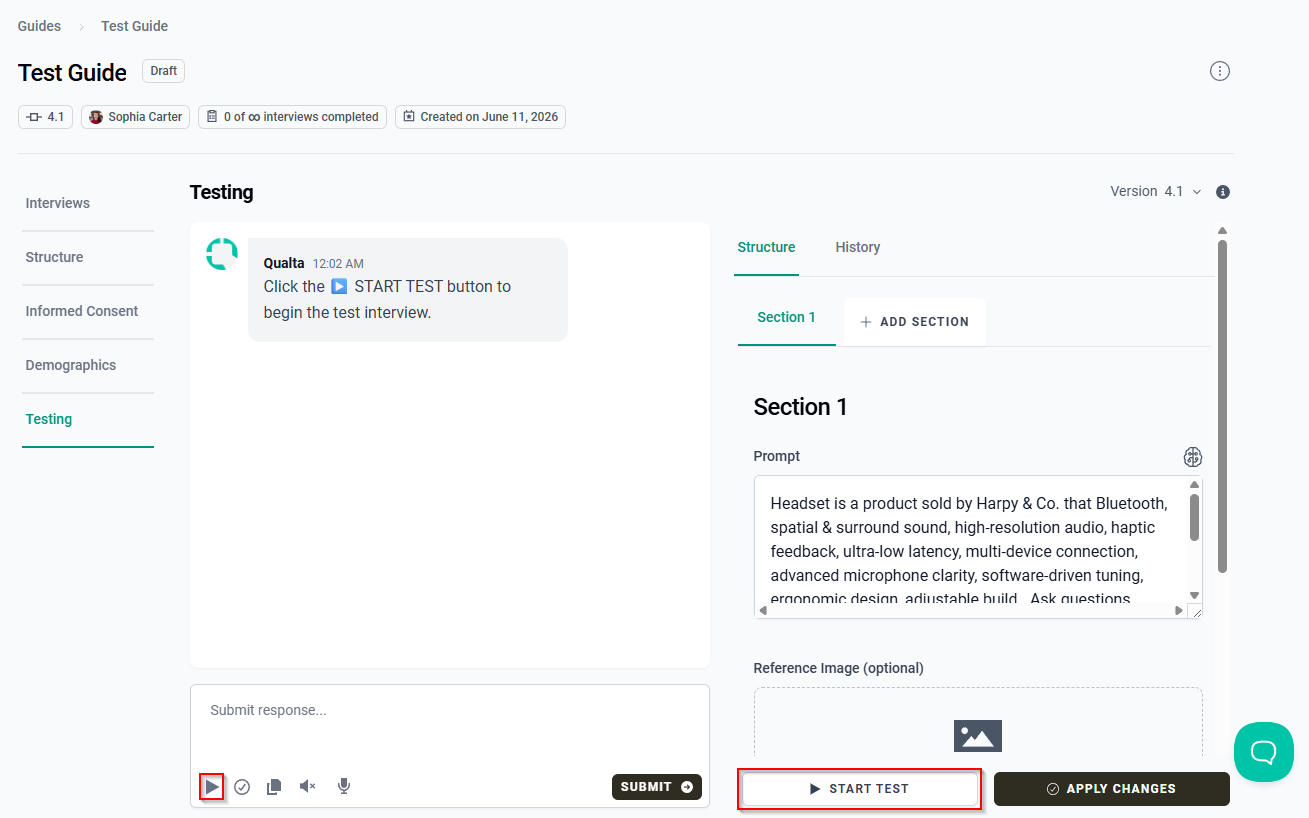 The Testing tab displaying the Start Test icon and the START TEST button.
