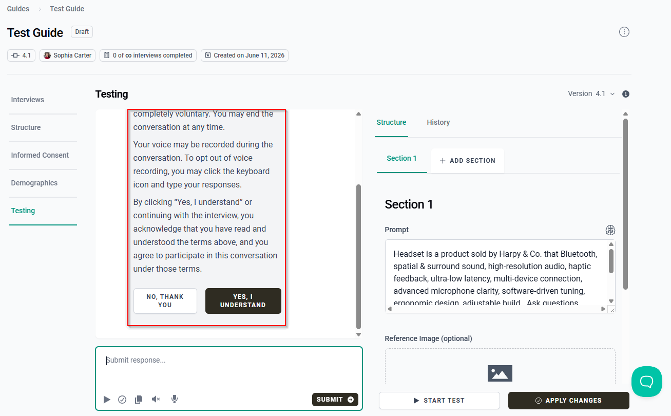 The Informed Consent section displayed before a test interview begins.