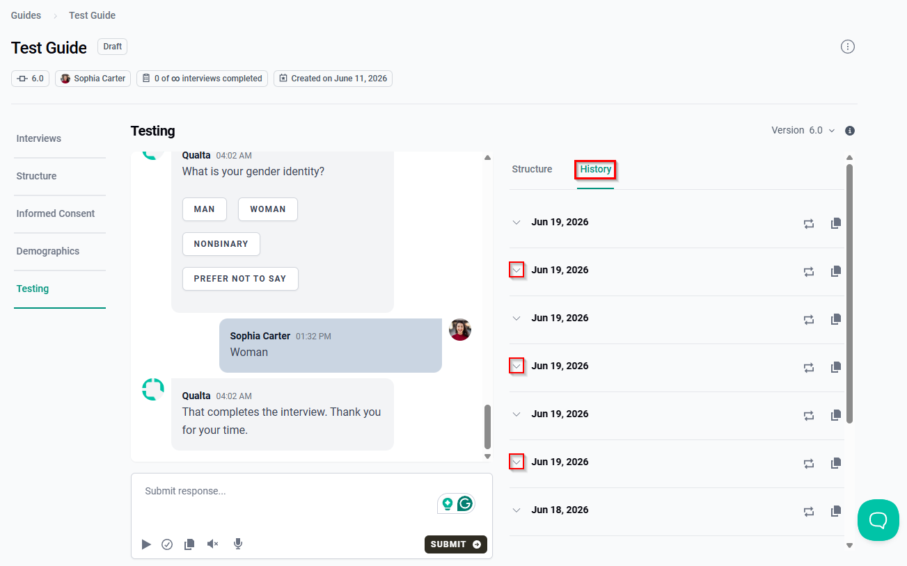 The History sub-tab displaying previous test interviews with expand arrows.