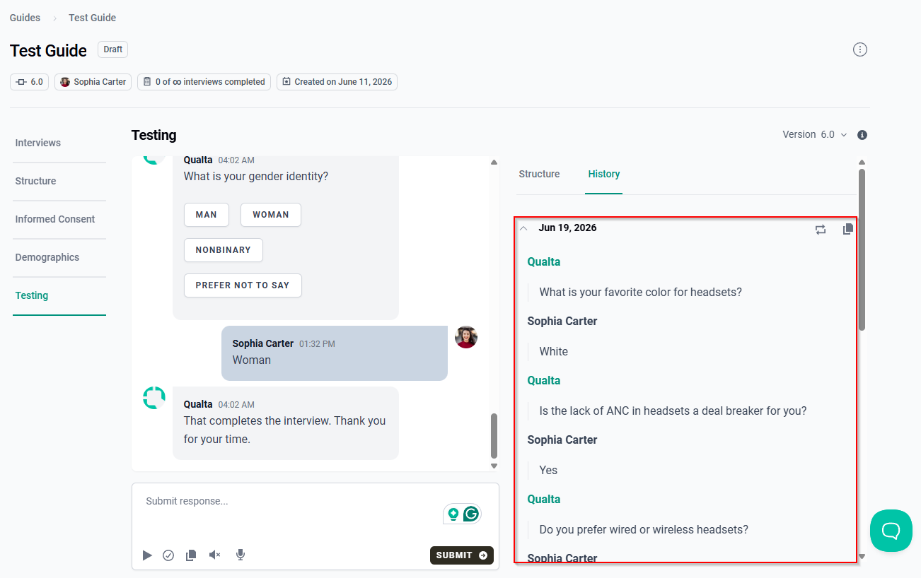 An expanded test interview displaying interview questions and responses.