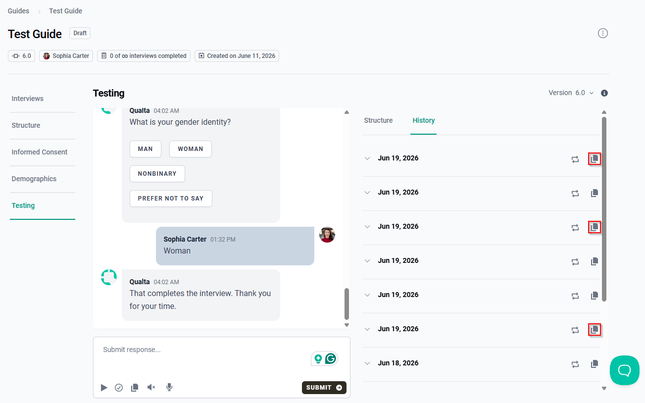 The Copy Transcript icons displayed next to test interview entries.