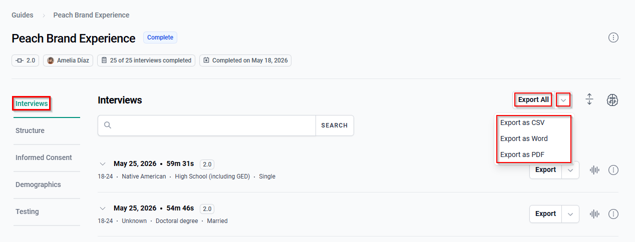 The Interviews tab displaying the Export All button, export format dropdown arrow, and export format options.