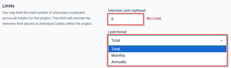 The Limits section showing the Interview Limit and Limit Period fields.