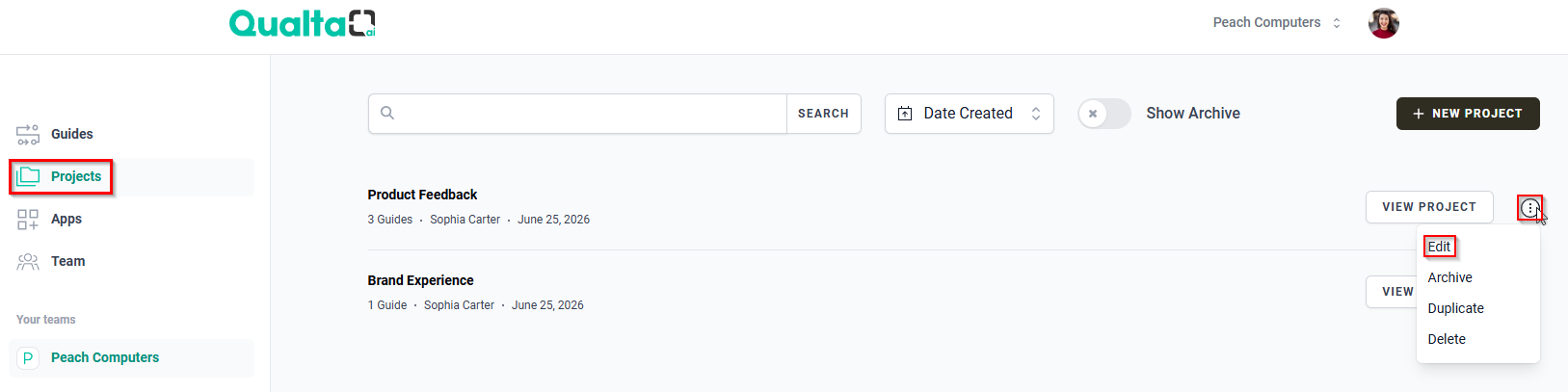 The Projects page showing the More Options menu with the Edit option.