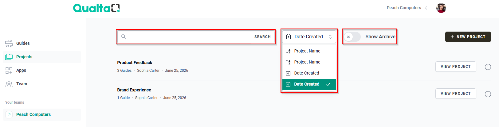 The Projects page showing the Search bar, sorting options menu, and Show Archive toggle.