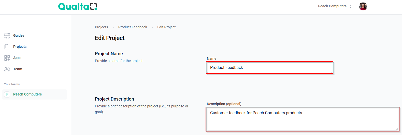 The Edit Project page showing the Project Name and Project Description fields.