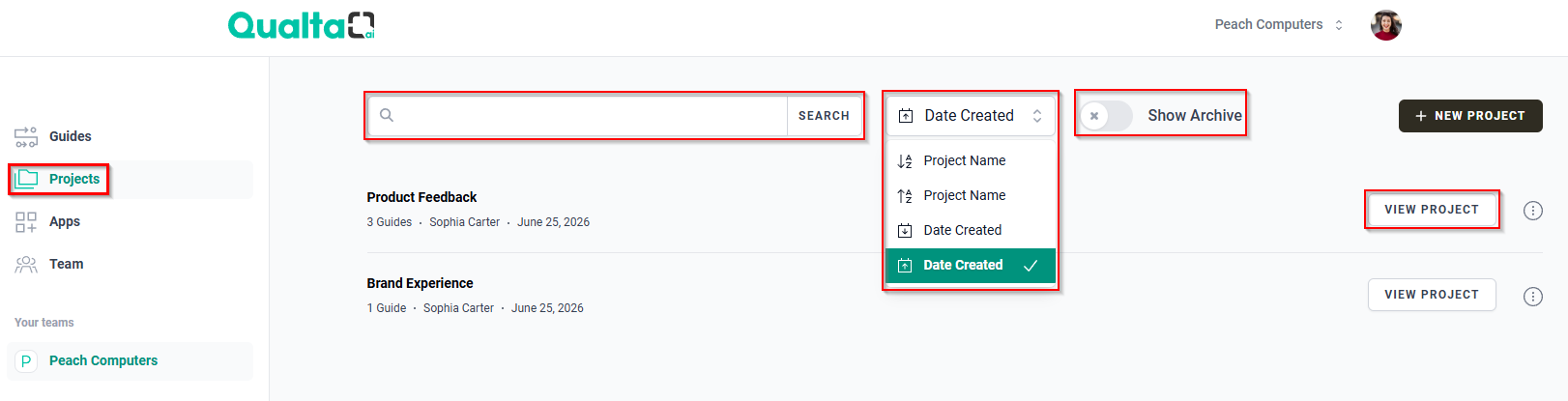 The Projects page showing the SEARCH bar, sort dropdown, Show Archive toggle, and VIEW PROJECT button.