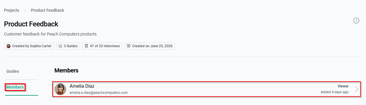 The Members tab showing the list of Project Members along with each member’s Project Role and the date they were added.