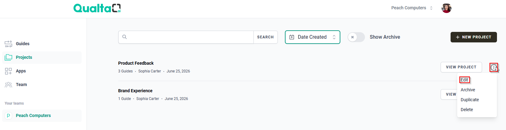 The Projects page showing the More Options icon and Edit option.