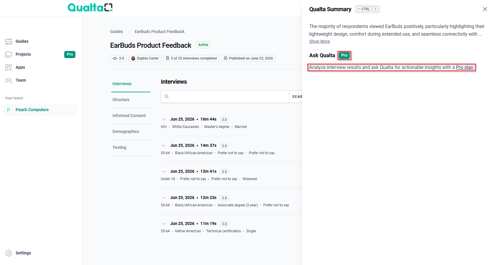 The Ask Qualta panel displaying a message that Ask Qualta is available with a Pro plan.