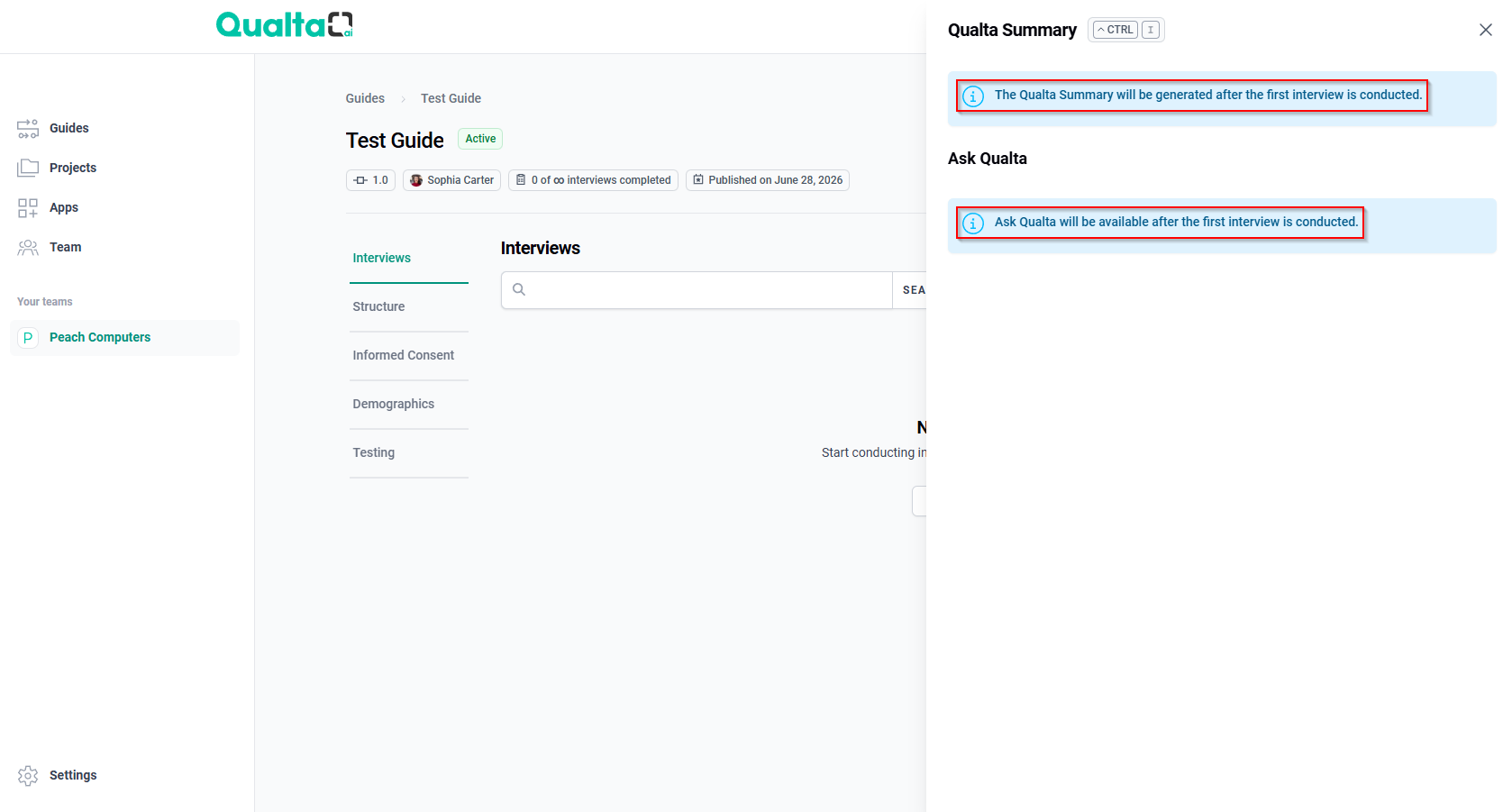 The Ask Qualta panel showing alerts that the Qualta Summary and Ask Qualta become available after the first interview is conducted.