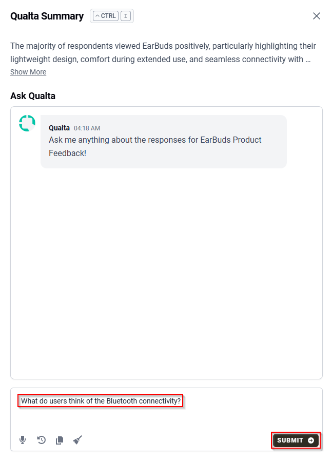The Ask Qualta panel showing a question entered in the input field and the Submit button ready to send it.