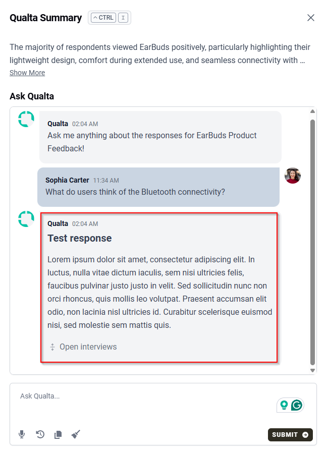 The Ask Qualta panel displaying an AI-generated response to a submitted question.