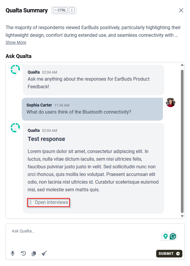The Ask Qualta panel displaying the Open interviews link below an AI-generated response.