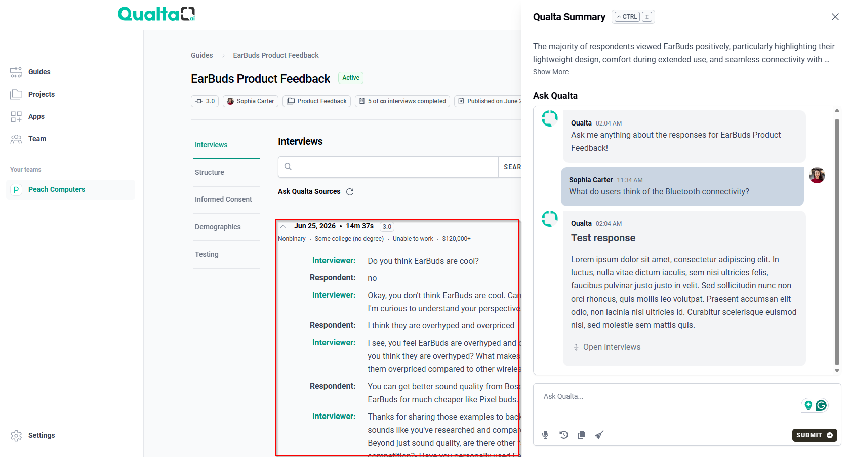 The interview associated with the AI-generated response opened after selecting the Open interviews link.