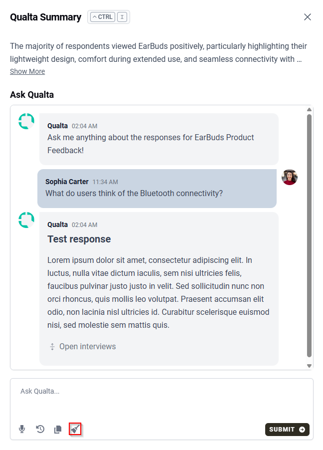 The Ask Qualta panel highlighting the brush button used to clear the chat.