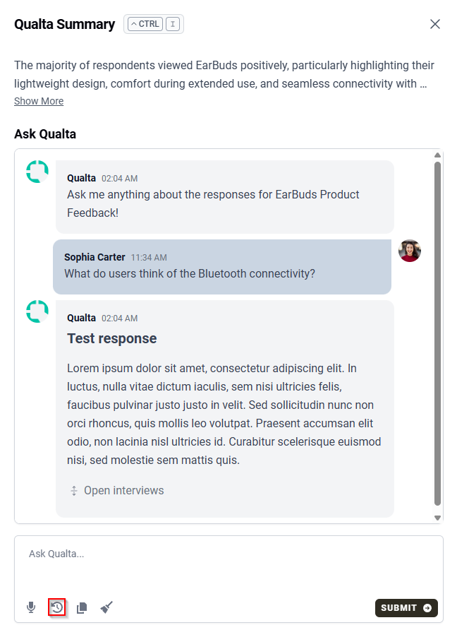 The Ask Qualta panel highlighting the History button used to view previous Ask Qualta conversations.
