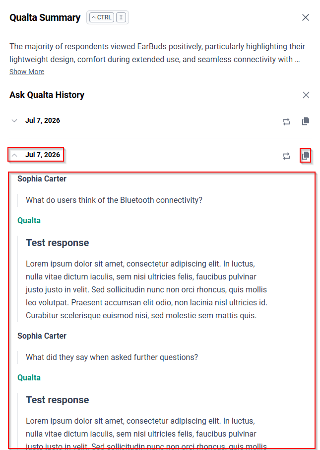 The Ask Qualta History panel displaying an expanded history entry with its full chat transcript and the Copy to Clipboard button.