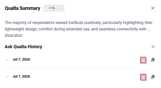 The Ask Qualta History panel highlighting the Resume button used to resume a previous Ask Qualta chat.