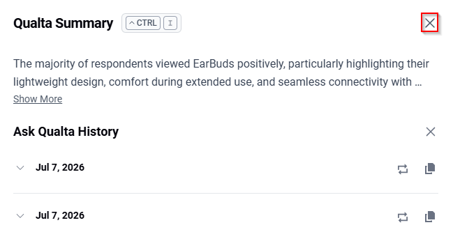The Ask Qualta History panel highlighting the Close button used to return to the Ask Qualta panel.
