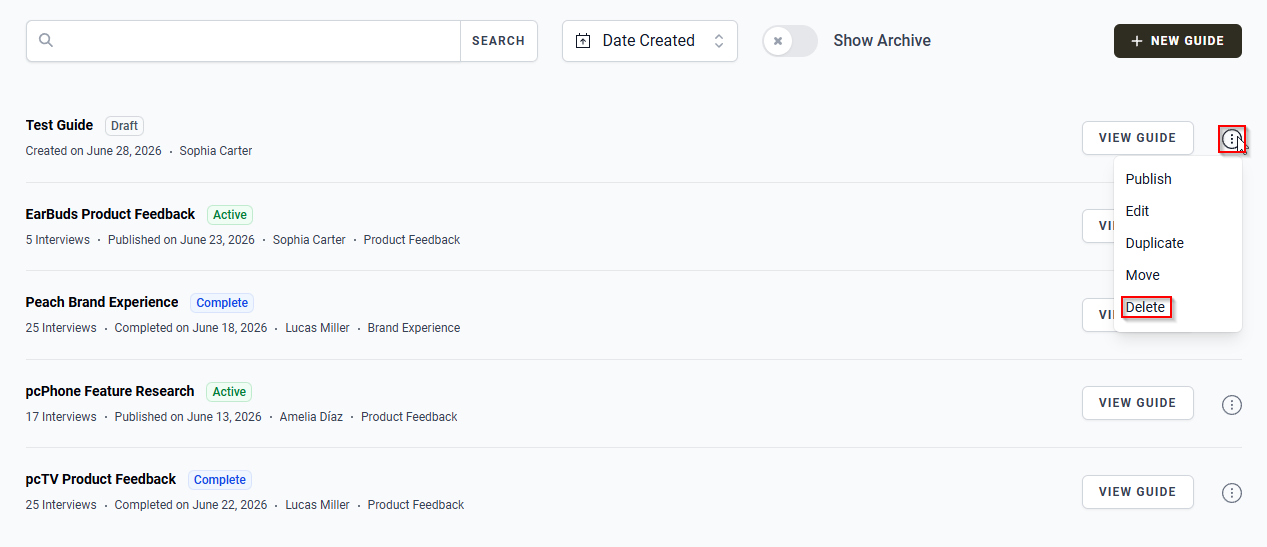 The Guides page with the More options icon and the Delete option.
