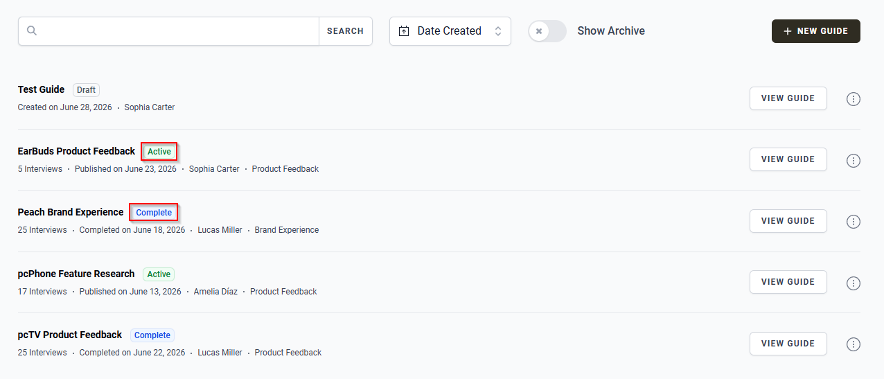 Guide status badges on the Guides page.