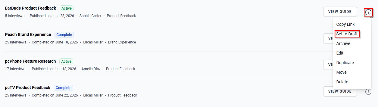 The More options icon and the Set to Draft option.