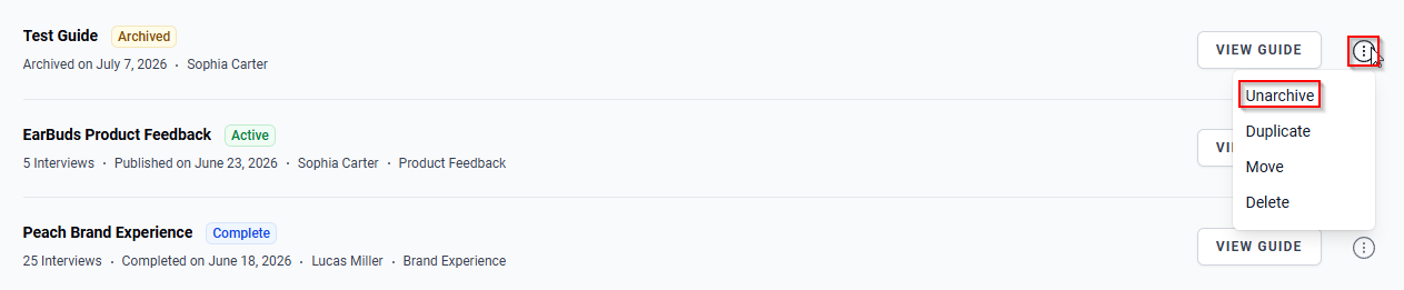 The More options icon and the Unarchive option.